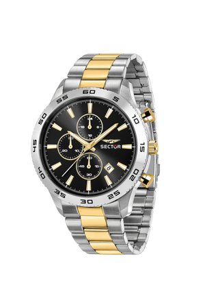 Herrenuhr von Sector mit schwarzem Zifferblatt, gold- und silberfarbigem Metallarmband, drei Subdials, Datumsanzeige sowie goldfarbenen Zeigern und Markierungen.