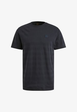 Tmavomodré tričko s krátkym rukávom, textúrovaný vzor, okrúhly výstrih, malá nášivka s logom na prsiach, bežný strih, mäkká látka.