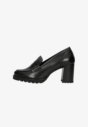 Schwarze Leder-Damenloafers mit Blockabsatz und Nähdetails an der Sohle und dem Vorderblatt, im Seitenprofil dargestellt.