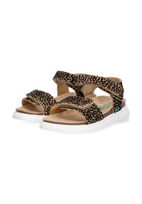Schwarz- und tannfarbene Leopardenmuster-Sandalen mit verstellbaren Velcro-Riemen, Korkfußbetten und weißen Gummisohlen. Die Zwischensohle ist mit einem strukturierten Design versehen.
