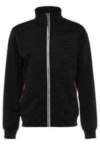 Veste noire zippée avec un col montant, en tissu lisse, dotée d'une fermeture éclair blanche et d'accents rouges sur les poches latérales.