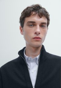 Maglione lavorato a maglia scuro con colletto alto e zip, indossato sopra una camicia bianca con colletto. Il modello ha i capelli in disordine e occhi azzurri. Sfondo neutro.