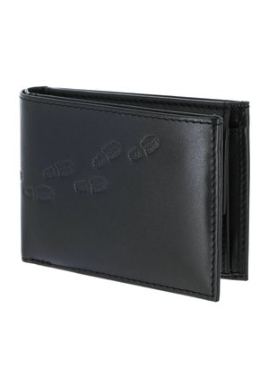 Portefeuille noir en cuir pliable à deux volets avec motif embossé d'empreinte de botte sur la surface extérieure, présenté fermé sous un léger angle.