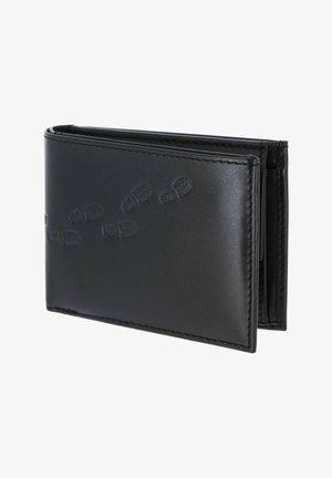 Portefeuille noir en cuir pliable à deux volets avec motif embossé d'empreinte de botte sur la surface extérieure, présenté fermé sous un léger angle.