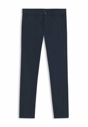 Pantaloni aderenti blu navy con tasche frontali, passanti per cintura e chiusura con bottone, mostrati distesi su uno sfondo bianco.