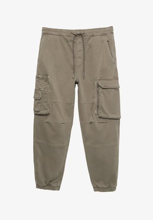 Khakifarbene Cargo-Hosen mit Kordelzugbund, zulaufenden Beinen, mehreren Seitentaschen und gesteppten Details. Hergestellt aus strapazierfähigem Stoff.