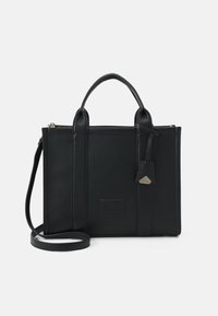 Black leather handbag with structured shape, dual top handles, detachable shoulder strap, and a small accent tag. Flat design with minimal detailing.