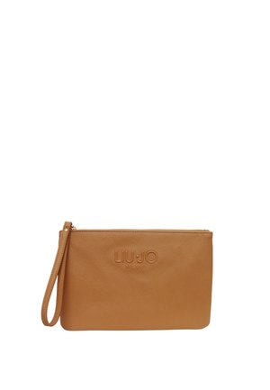 Polsino in pelle marrone chiaro con logo "LIU•JO MILANO" in rilievo e chiusura con cerniera dorata.