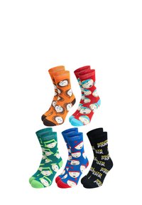 Collezione di sei paia di calze con motivi colorati. I materiali sono una miscela di cotone; i design includono personaggi e loghi di "South Park."