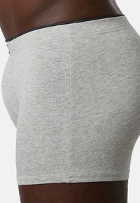 Boxer shorts grigi in cotone con una texture morbida, dotati di un elastico nero e un design aderente. La vista laterale mostra la costruzione senza cuciture.