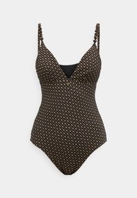 Ολόσωμο μαγιό σε μαύρο και μπεζ με υφή, βαθύ V ντεκολτέ και διακοσμητικούς δεμένους ιμάντες στους ώμους.