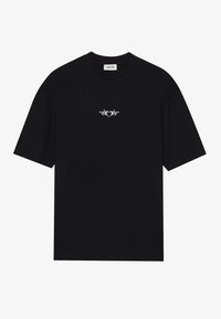 Sort bomulds T-shirt med korte ærmer, der har et hvidt trykt design i midten. Klassisk rund hals, afslappet pasform, minimalistisk stil.