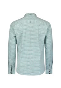 Langarmshirt in lichtblauw met een geometrisch patroon. Voorzien van een button-down kraag, een gebogen zoom en zwarte knopen op de manchetten.