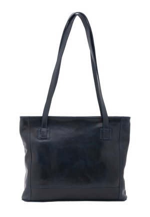 Sac fourre-tout en cuir noir avec deux longues poignées, forme rectangulaire et coutures visibles sur les bords, présenté sur un fond blanc.