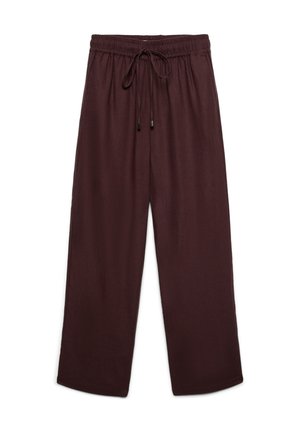 Pantalon ample marron foncé avec taille élastique et lien à nouer, fabriqué en tissu léger.