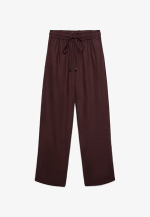 Weit geschnittene dunkelbraune Hose mit elastischem Bund und Kordelzug, aus leichtem Stoff gefertigt.