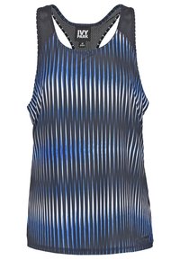 Blauwe en zwarte sportieve tanktop met een verticale streep patroon, racerback ontwerp en mesh-accenten. Lichtgewicht stof, sportieve pasvorm.