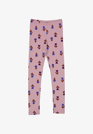 Leggings aus weichem Stoff mit einem hellrosa Hintergrund und einem floralen Muster in Blau und Braun. Elastischer Bund, enganliegendes Design.