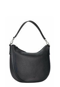 Sac à bandoulière en cuir noir avec une forme incurvée, une surface texturée et une seule sangle. Il comporte une fermeture éclair et des éléments métalliques.