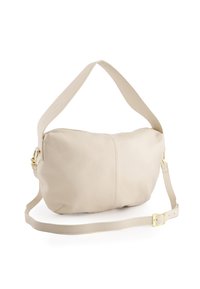 Beige Leder Schultertasche mit glatter Textur, goldenen Hardware-Details und einem verstellbaren Riemen. Verfügt über ein minimalistisches Design und eine runde Form.