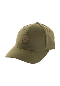 Gorra verde de algodón con un diseño estructurado, que presenta una parte superior redondeada, visera curvada y un parche de logo texturizado en la parte frontal.