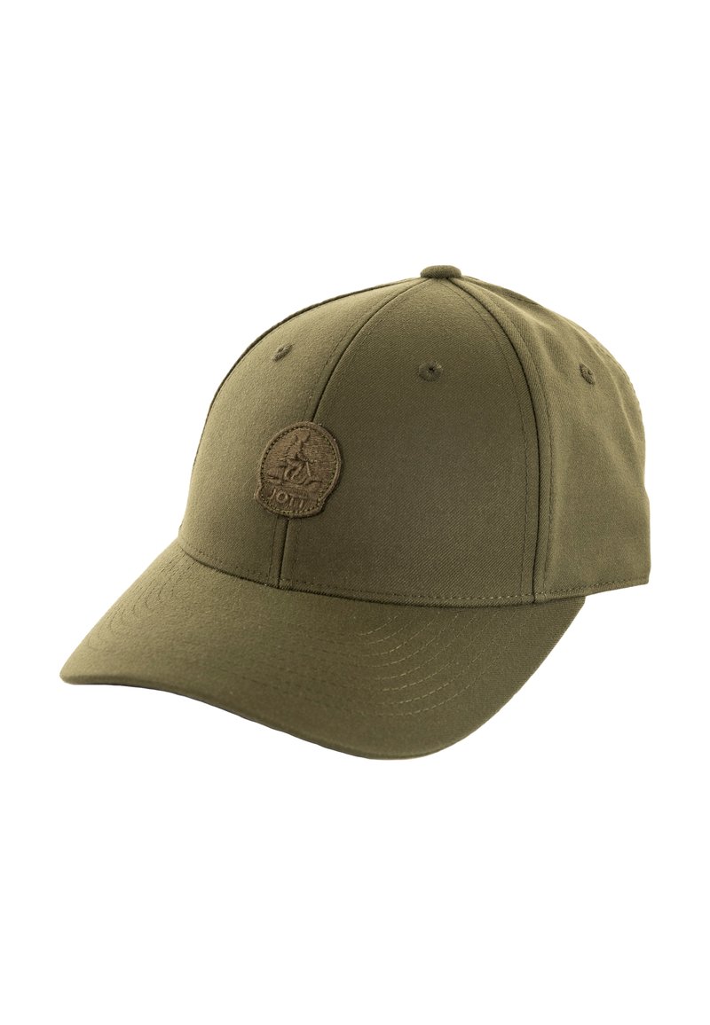 Gorra verde de algodón con un diseño estructurado, que presenta una parte superior redondeada, visera curvada y un parche de logo texturizado en la parte frontal.