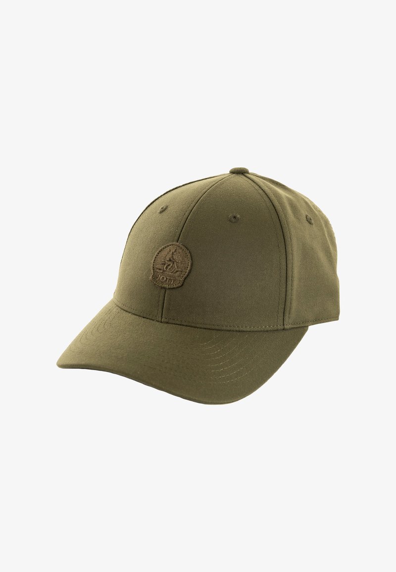 Gorra verde de algodón con un diseño estructurado, que presenta una parte superior redondeada, visera curvada y un parche de logo texturizado en la parte frontal.