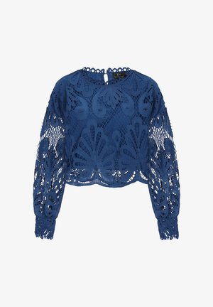 Blauwe kant blouse met lange mouwen, bloemen uitsparingen en een hoge hals met een klein sleutelgat aan de achterkant. Kortom ontwerp.