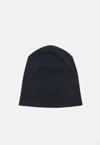 Black cotton beanie hat with a seamless rounded top and a folded brim. Simple design with smooth texture. No patterns or embellishments.