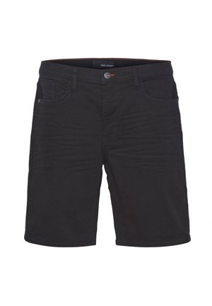 Pantalones cortos negros informales hasta la rodilla con botón delantero, trabillas para cinturón y bolsillos delanteros y traseros, mostrados sobre un fondo blanco.