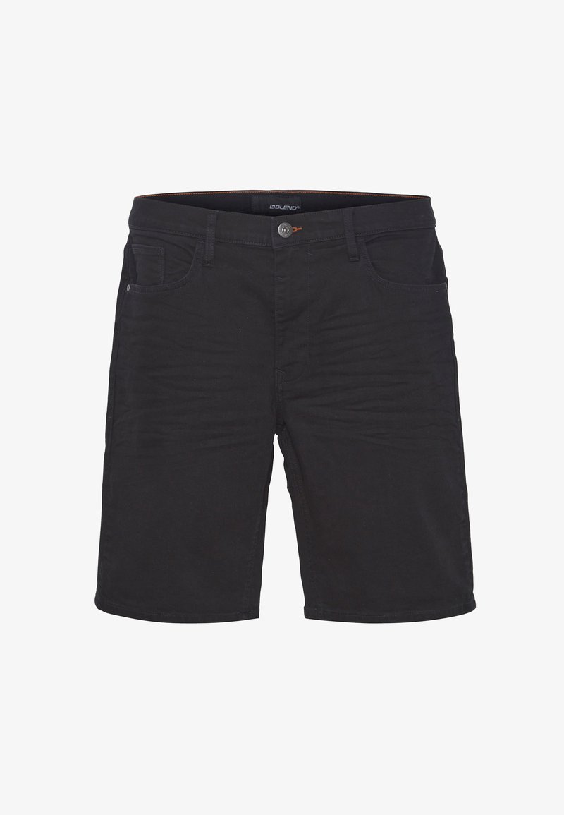 Shorts noirs décontractés longueur genou avec bouton devant, passants de ceinture, poches avant et arrière, présentés sur fond blanc.