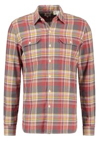 Camicia a maniche lunghe a quadri rossi, grigi e gialli con colletto button-down, due tasche sul petto e chiusura frontale con bottoni. Materiale in cotone.