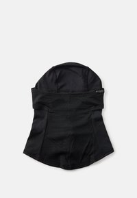 Musta urheiluhoodie, jossa on istuva muotoilu, valmistettu sileästä, joustavasta kankaasta, jossa on hienovarainen kuusikulmainen kuvio ja säädettävät ominaisuudet.