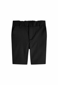 Schwarze Shorts aus einem leichten Stoff. Mit flachem Bund, zwei Seitentaschen und Gürtelschlaufen. Einfaches, klar geschnittenes Design.