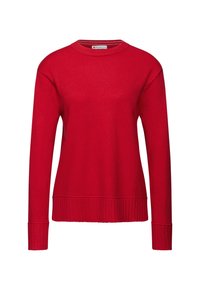 Maglione rosso lavorato a maglia con scollatura rotonda, maniche lunghe e polsini e orlo a coste. Textura liscia e design pulito.