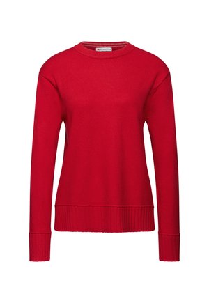 Pull en tricot rouge avec un col rond, des manches longues et des bretelles et un ourlet côtelés. Texture lisse et design épuré.