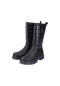 Svarta knähöga stövlar med en texturerad vadderad ovansida, slät tå och tjock gummisula. Utrustad med dragflikar för enkel påtagning.