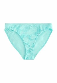 Mintgroene bikini onderkant met een textuur van een bloemenpatroon, voorzien van netachtige uitsparingen en een gladde, elastische tailleband voor comfort.