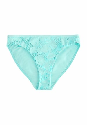 Mintgrön bikiniunderdel med ett texturerat blommönster, som har meshliknande utskärningar och ett mjukt, elastiskt midjeband för komfort.