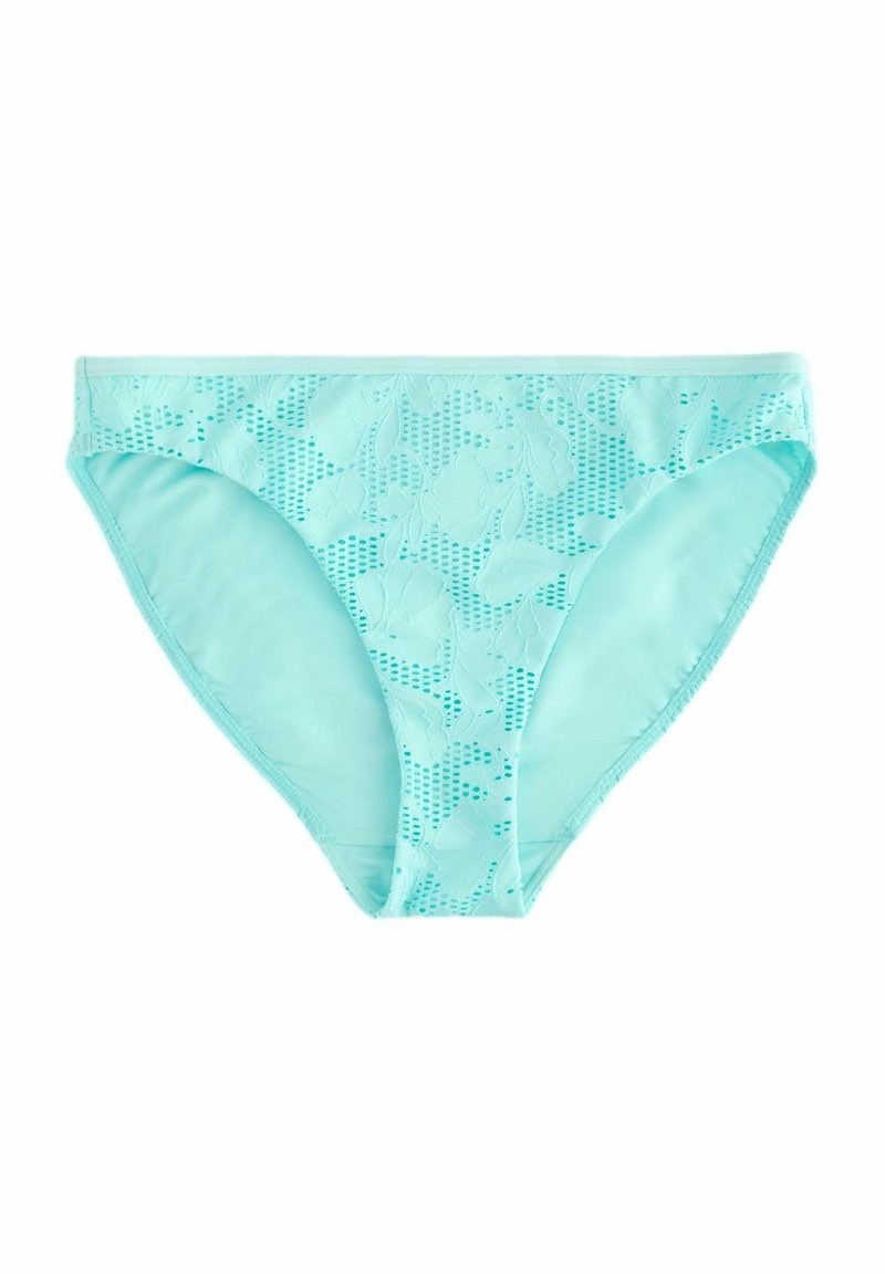 Mintgroene bikini onderkant met een textuur van een bloemenpatroon, voorzien van netachtige uitsparingen en een gladde, elastische tailleband voor comfort.