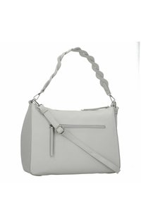 Grey leather shoulder bag with braided strap, featuring a zippered front pocket and adjustable shoulder strap for versatility. Smooth texture.