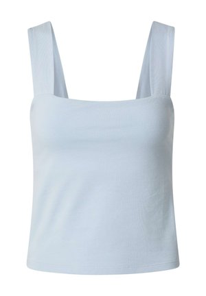 Light blue sleeveless crop top with wide shoulder straps and a straight neckline, displayed against a white background.
