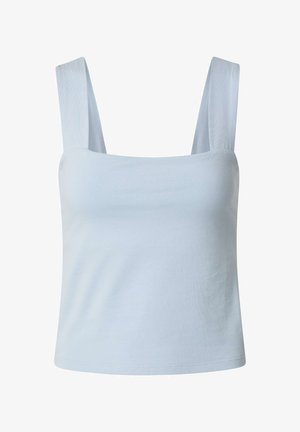 Light blue sleeveless crop top with wide shoulder straps and a straight neckline, displayed against a white background.