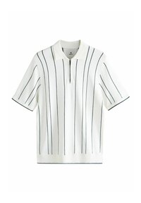 White short-sleeve pullover with a zip collar, featuring narrow navy stripes and a textured knit fabric. Accented with navy trim on sleeves.
