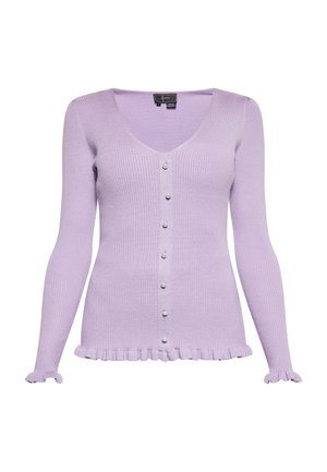 Lila geribbelde cardigan met een diepe V-hals, met parelknoopjes aan de voorkant en gerimpelde manchetten en zoom. Zachte textuur.
