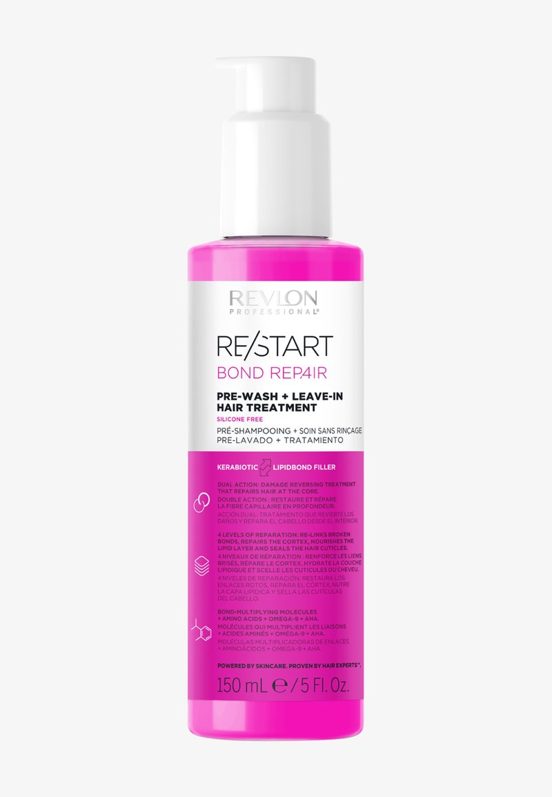 Revlon Professional RE/START Bond Repair-behandeling in een roze fles van 150 ml met een witte pompdop; voorzien van tweetalige productinfo en belangrijke ingrediënten.