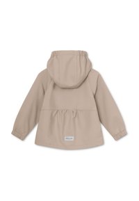 Lys beige hettejakke med elastiske mansjetter og peplumdetalj i midjen. Har et lite logo merket nær kanten. Glatt tekstur.