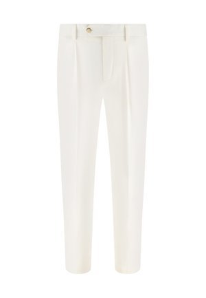 Pantalones blancos a medida con pliegues, cierre de botones, trabillas para cinturón y un corte recto y ajustado.