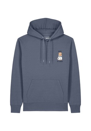 Blauer Hoodie mit einem Cartoon-Hund, der einen weißen Kittel und Stethoskop trägt, mit dem Text "Trust me, I'm a dogtor" auf der Brust.