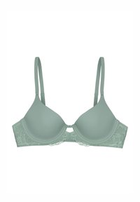 Sostén acolchado verde claro con tirantes ajustables, soporte de aros y detalles de encaje en la banda.